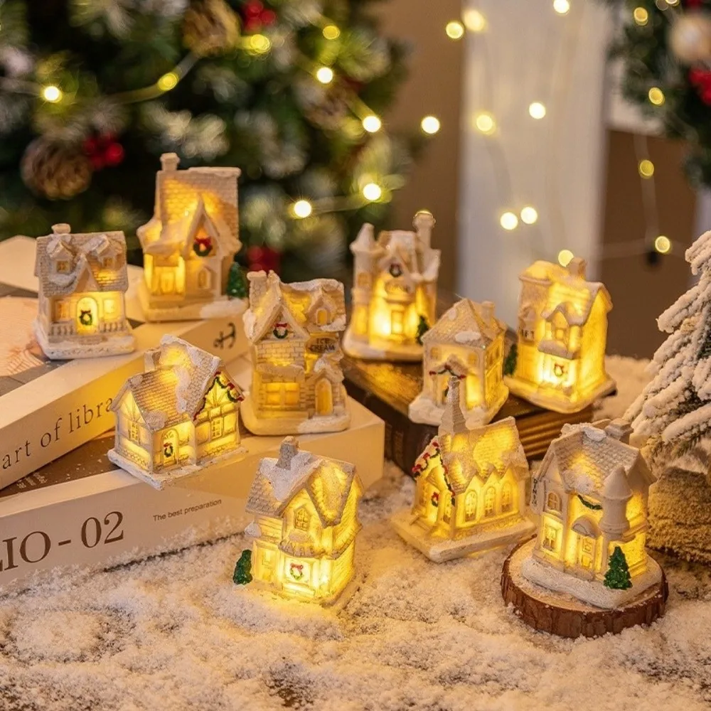 Resin Christmas House Ornament Battery Powered LED Light Light Up Village House Cartoon Mini Snow House Figurine