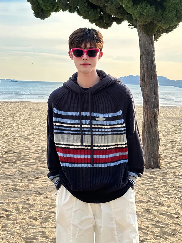 

Ретро-американский полосатый трикотажный свитшот унисекс свободного кроя с перфорацией для весны и осени, модная верхняя одежда