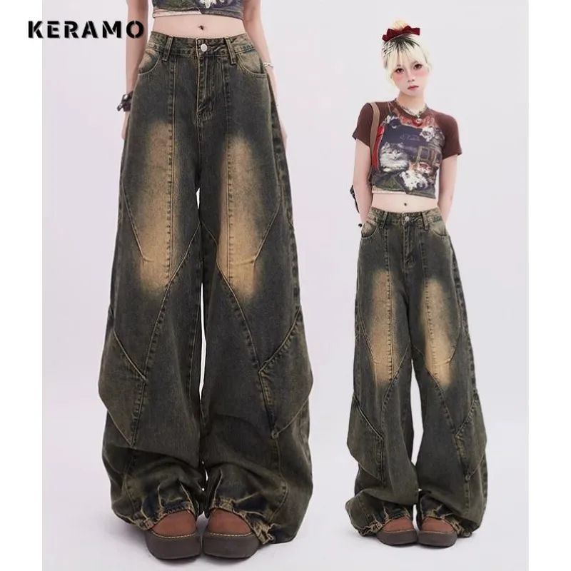 Calças jeans largas retrô femininas largas, lavadas com harajuku, jeans solto de cintura alta, casual de tamanho grande, verão, 2024