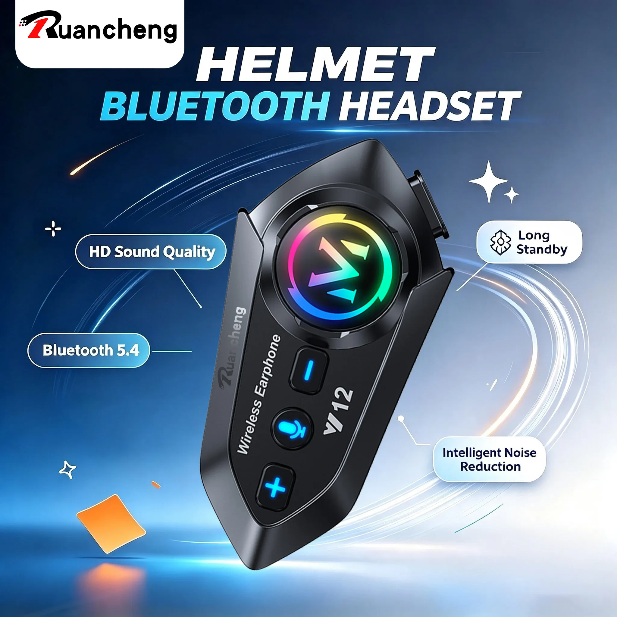 Y12 Motorcycle Bluetooth Headset, Extra Long Battery Life, IP56, RGB Colorful Lights, AI Voice Assistant, Hands-Free Calling