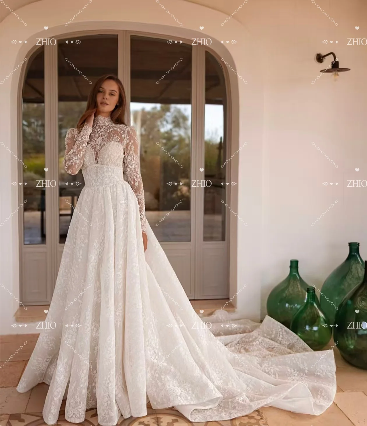 ZHIO خمر فستان الزفاف الدانتيل رائعة عالية الرقبة انفصال قطار الديكور حورية البحر امرأة فستان زفاف مخصص Vestido de novia #6