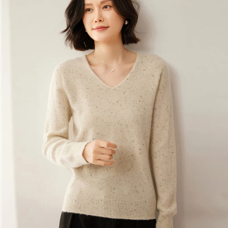 Seamless Women's Knitted Pullover Fashion Pure Australian Wool Sweater V-Neck Long Sleeve Thick Soft Warm Dot yarn style Tops