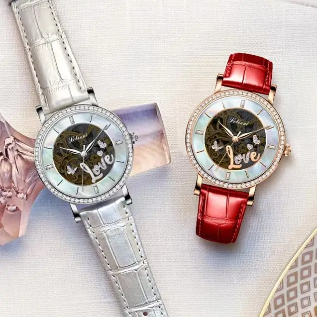 LOBINNI Ladies Automatic Watch 34mm Women Mechanical Wristwatch Skeleton Dial Sapphire Mirror Pearl Dial