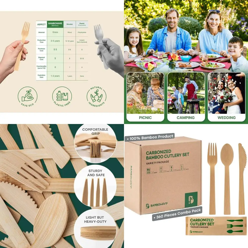 

Bamboo Cutlery Set - Carbonized, Disposable, Biodegradable, and Sanitized - Heavy Duty & Fully Functional (360-Piece Variety Pac