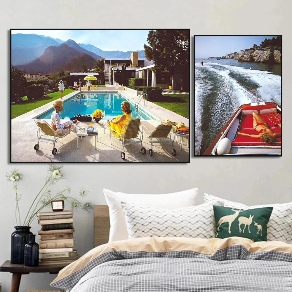 1pc frameless Canvas Painting Slim Aarons Speedboat Landing Pool Party Summer Swimming Photography Posters Print Retro Art Canva