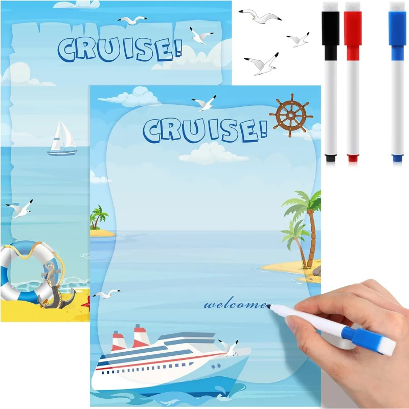 5pcs Cruise Door Magnets & 4 Erasable Markers - 10x7 Inch Reusable Rubber Magnetic Stickers with Cruise Ship, Beach