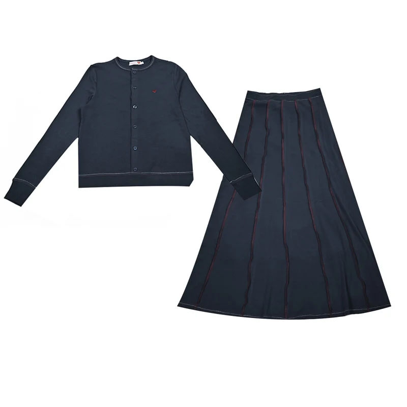 Women's Casual Knit Set Long Sleeve Cardigan And Maxi Skirt with Colored Stitches Front Button Placket And Fake Buttons XS-3XL
