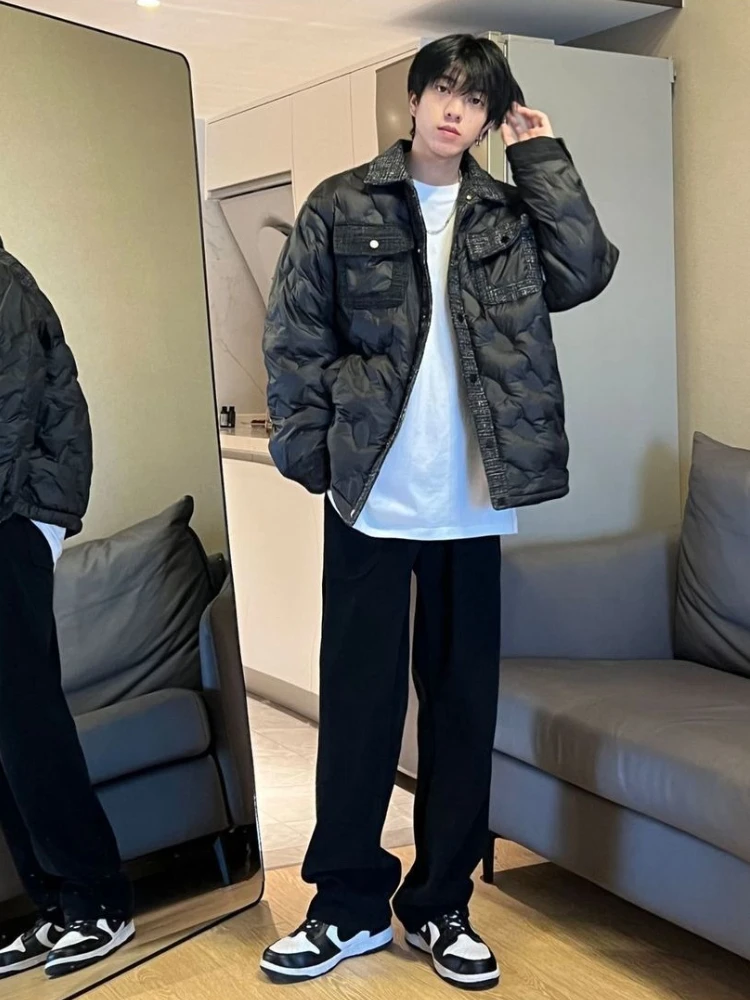 ​American Retro Patchwork Cotton Jacket for Men Thickened Winter Coat with Streetwear Hiphop Style Casual Oversized Layering​