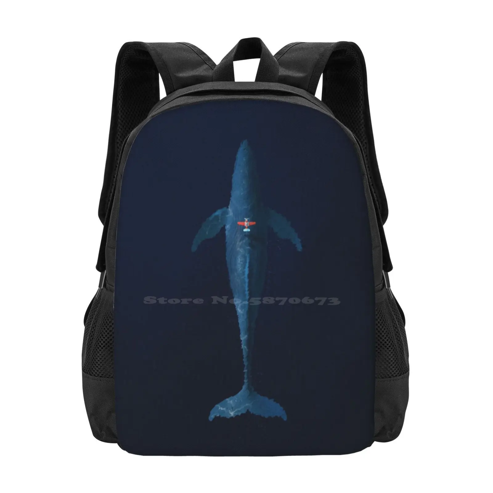 Small Plane , Big Adventures Teen College Student Backpack Pattern Design Bags Whale Adventure Sea Nature Plain Blue Fish