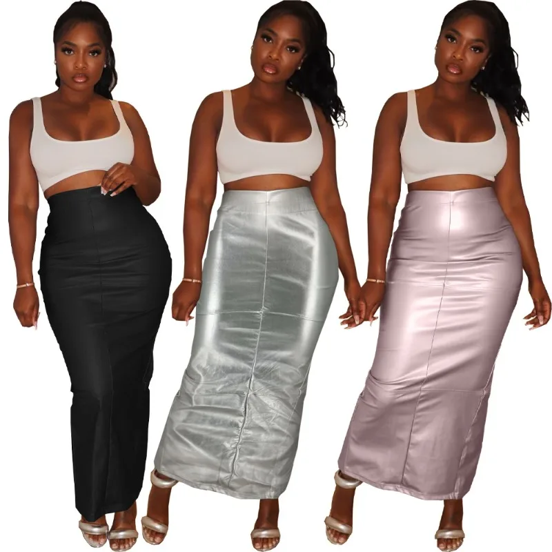 

Metallic Solid Color Pu Leather Split Slim Wrap Hip Long Skirt Y2k 2023 Autumn and Winter High Waist Skirt for Women Streetwear