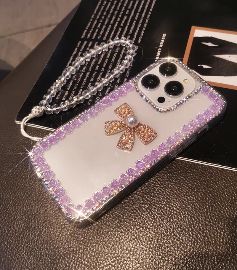 Rhinestone Pearl Bowknot Phone Case For Xiaomi Redmi9A 9C Note8 9Pro Note10S Note11 Pro 12Pro Crystal Rose Flowers Clear Cover