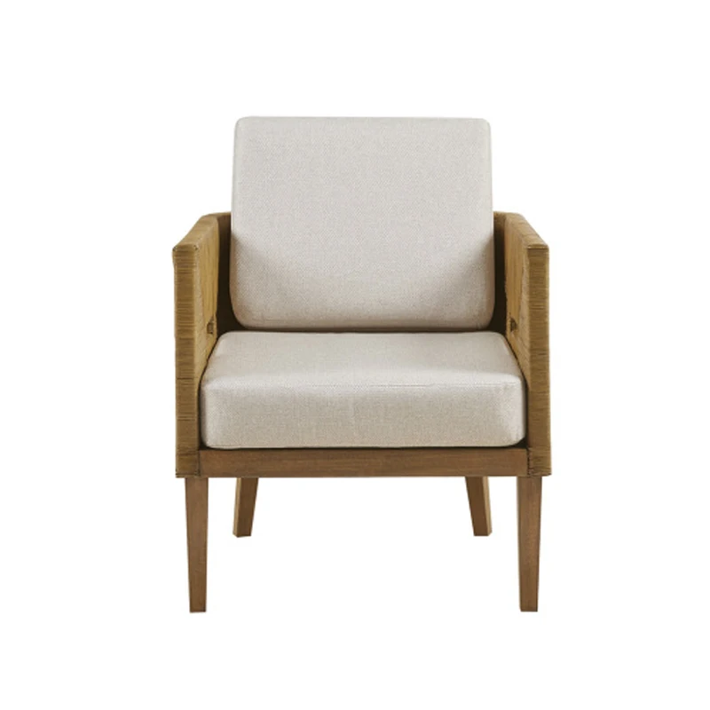 Handcrafted Rattan Upholstered Accent Arm Chair - Handcrafted Rattan with Soft Linen Cushions, Solid Wood Legs