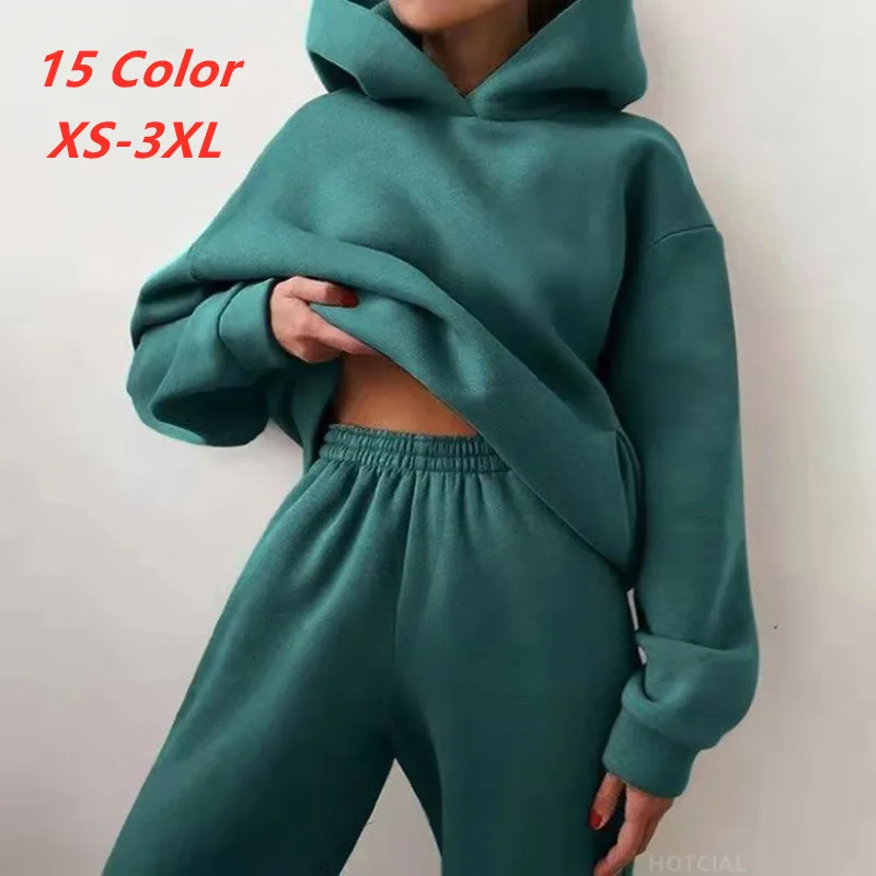 Women Tracksuit Hoodies Casual Solid Long Sleeve Fleece Warm Hooded Sportswear Suit Hoody Pullovers Long Pant Two Pieces Sets