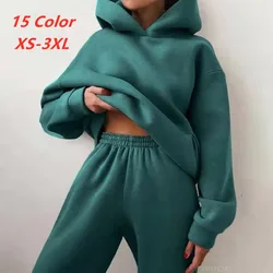 Women Tracksuit Hoodies Casual Solid Long Sleeve Fleece Warm Hooded Sportswear Suit Hoody Pullovers Long Pant Two Pieces Sets