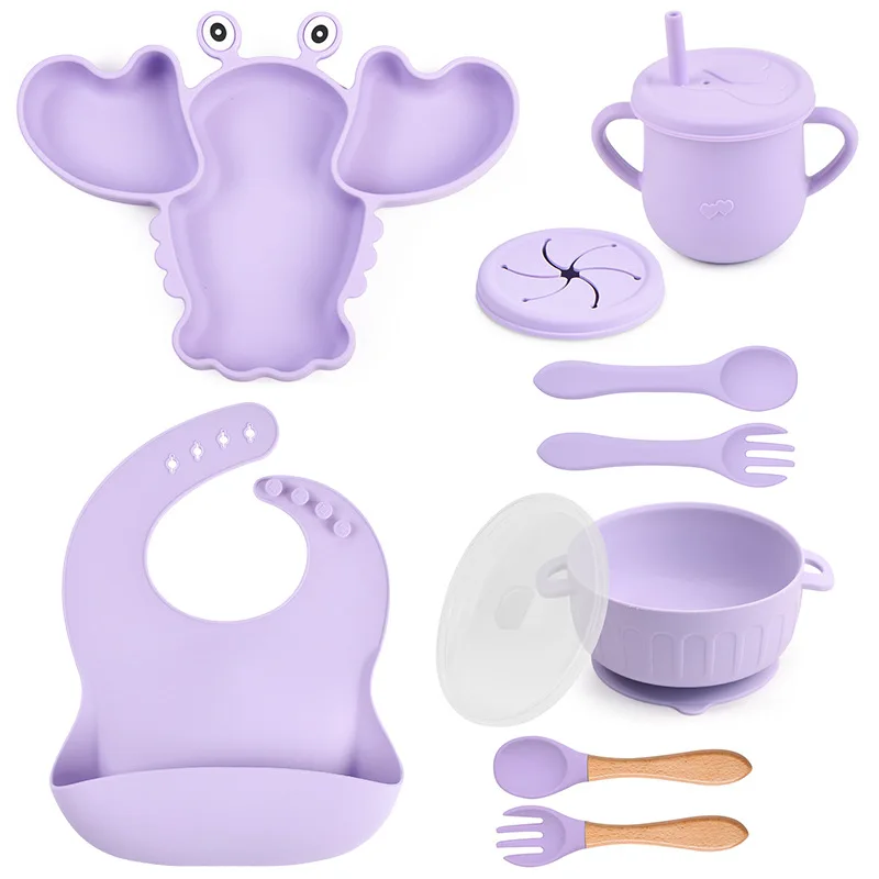 10Pcs Baby Silicone Dinosaur Plate With Lid Waterproof Bib Cup Wood Spoon Fork Bowl Set Newborn Feeding Anti slip Tableware Set