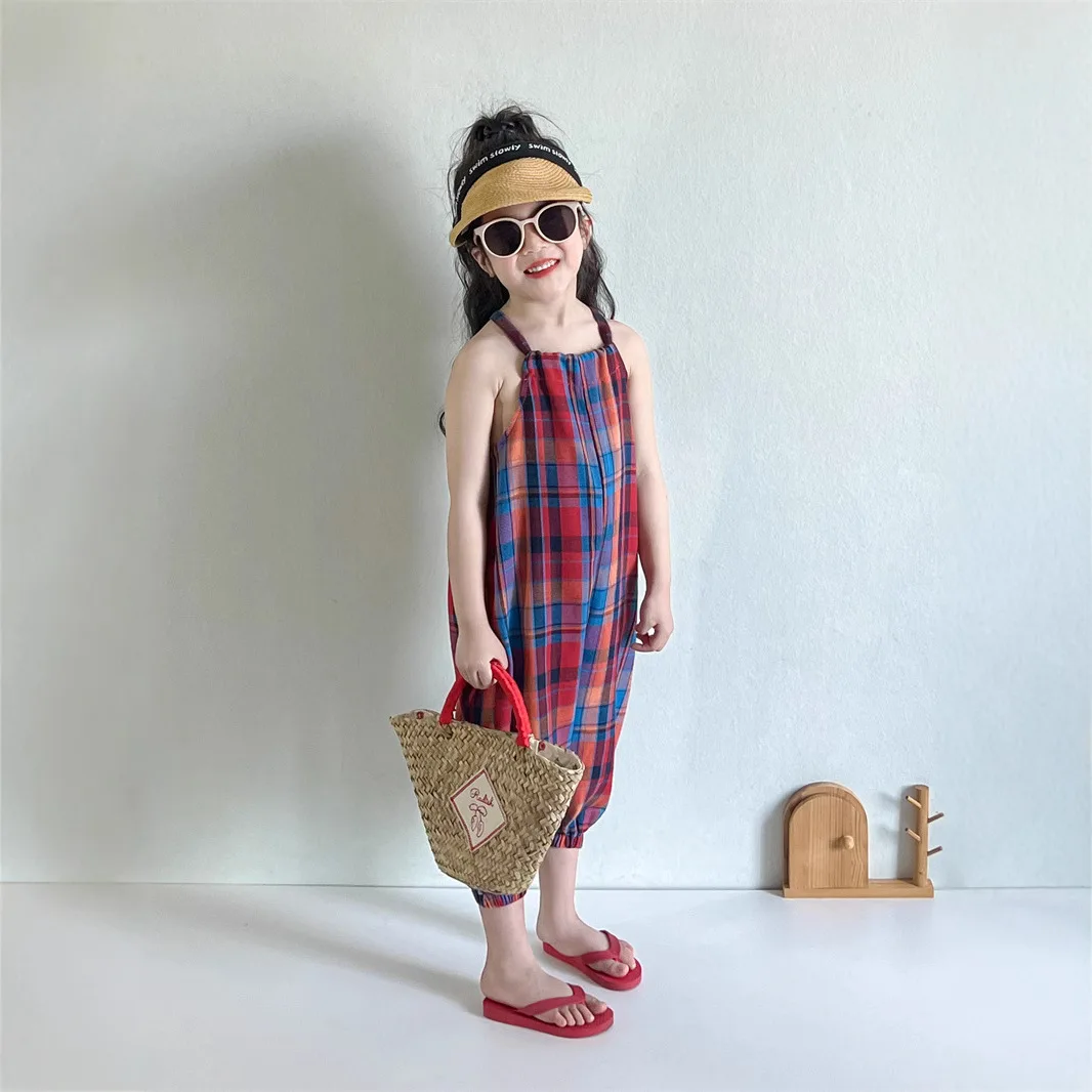 2025 Summer New Korean Children Clothing for Girls Cute and Stylish Plaid Suspender Pants Woolen Ball Tail Jumpsuit