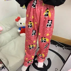 Pink Pajamas Pants Women Warm Thickened PJ Pants Plaid Christmas Couple Sleeping Pants Rabbit Bear Flannel Soft Fluffy Sleepwear
