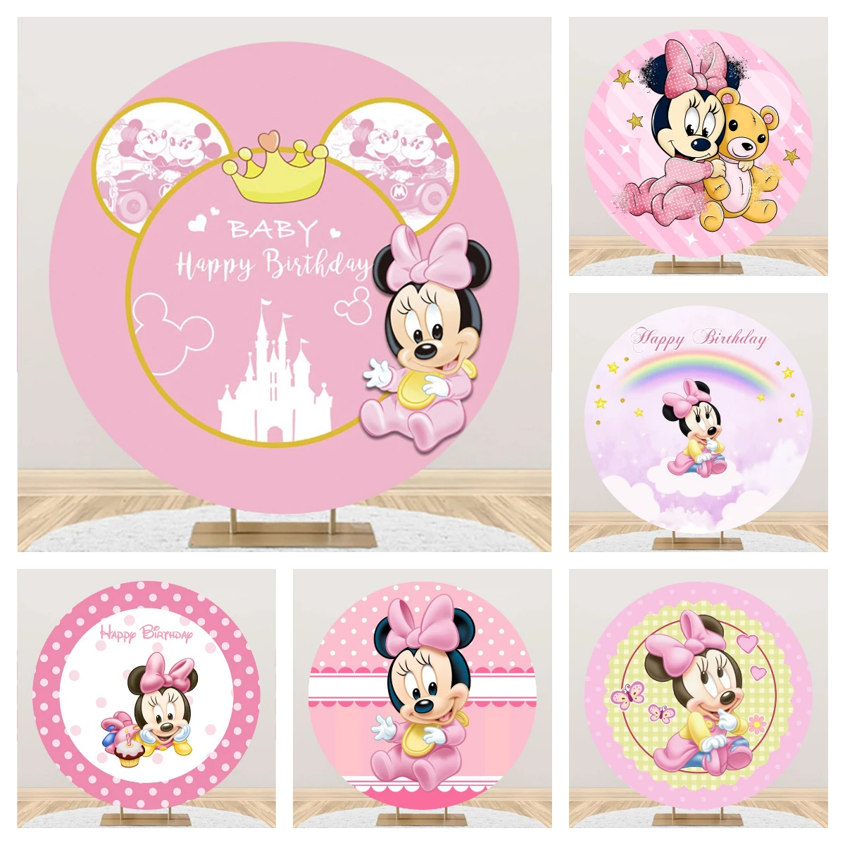 

Baby Minnie Mouse Birthday Decorations Round Photo Backdrop Backgrounds For Photographs Baby Shower Girl Party Props Shooting