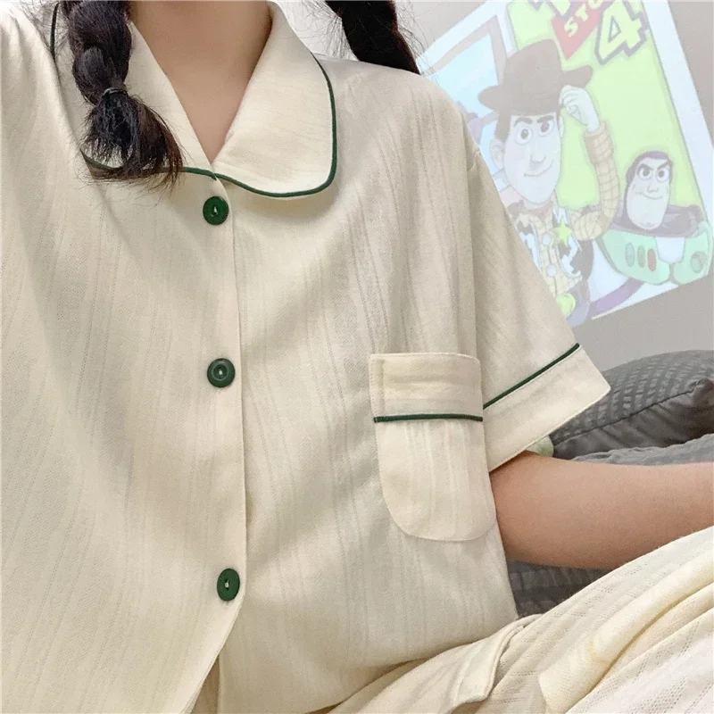 2023 Summer Autumn Cotton Short Sleeve Long Pants Pajama Sets For Women Korean Loose Sleepwear Suit Pyjama Homewear Home Clothes