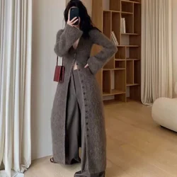 New Autumn High End Long Cardigan Women Fashion Soft Mohair Knitted Long Sleeve French Fashion Runway Sweater Coat Knitwear Tops