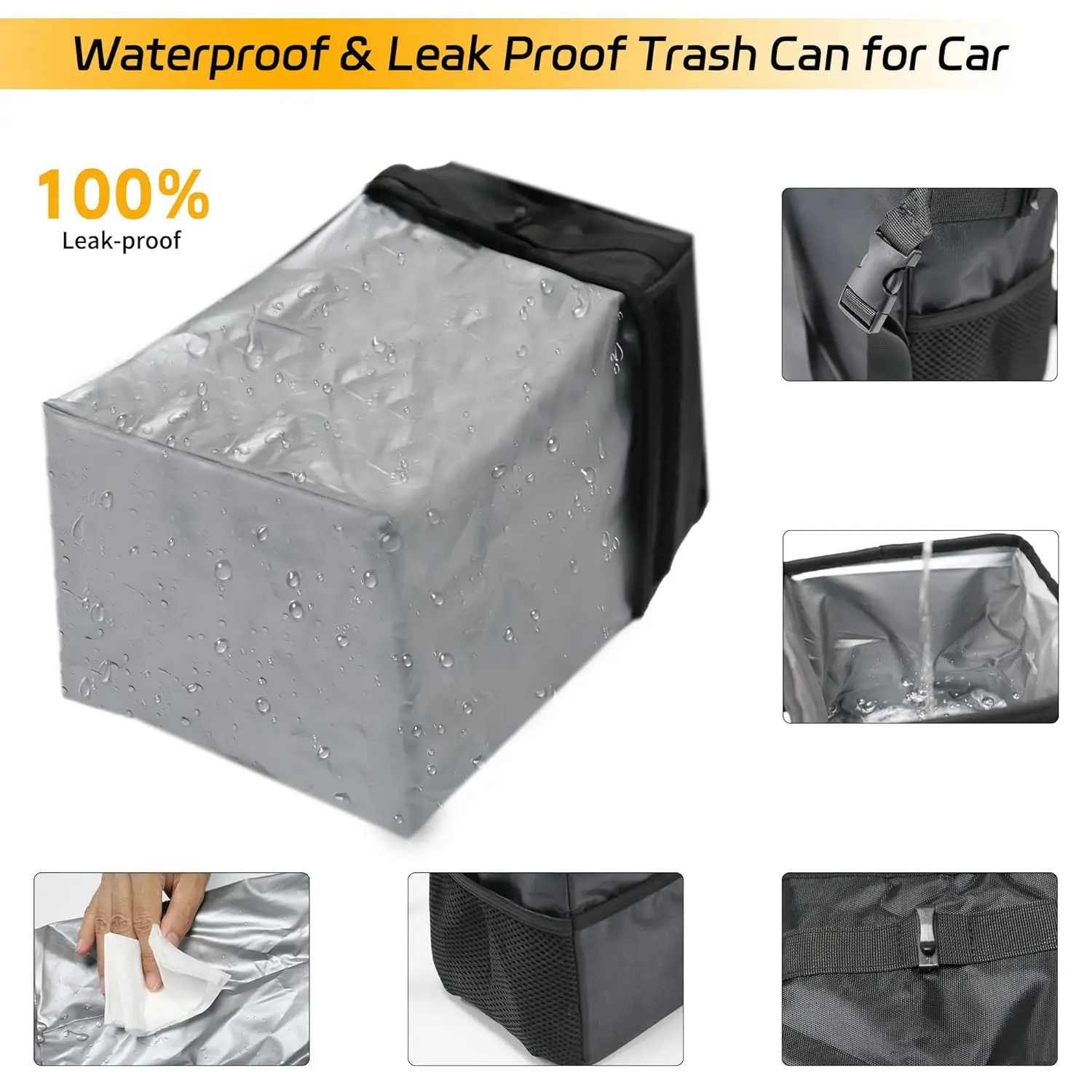 3-in-1 Car Trash Can with Lid & Waterproof Storage Bag - Leakproof Multi-Use Organizer for Cars, SUVs, Trucks (Front/Rear/Consol - view 3