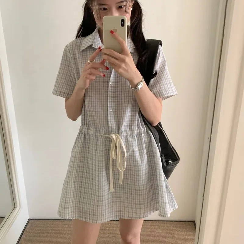 Estilo preppy curto xadrez camisa vestido feminino verão cordão cintura mini vestidos meninas vestido de verão feminino roupas 2025