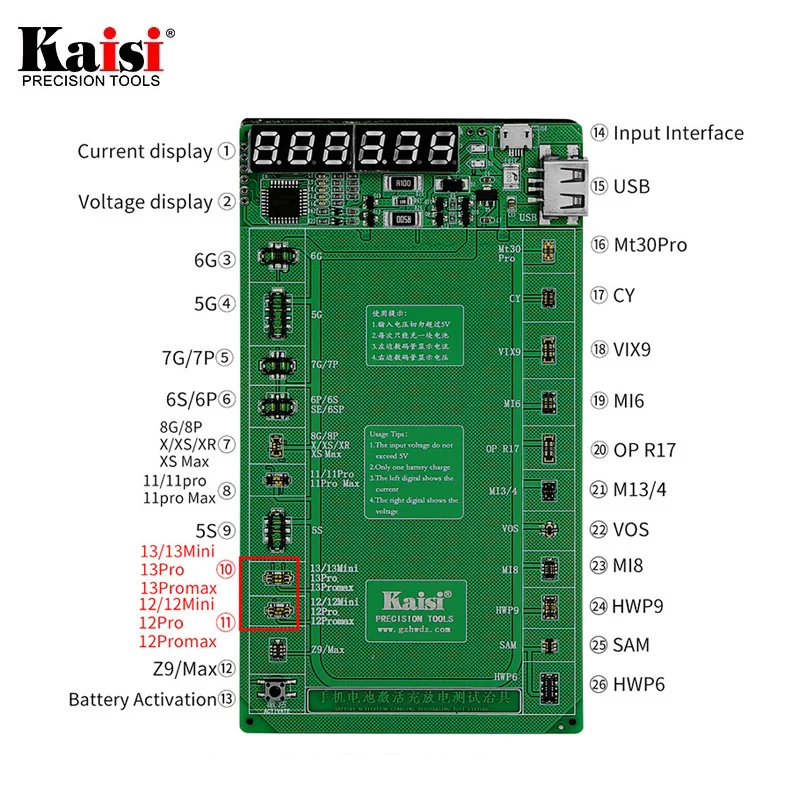 Kaisi K9208 For iPhone 12/13/14 15Pro max Battery Activation Board For Android Phone Battery Tester/Charger Circuit Repair Tools