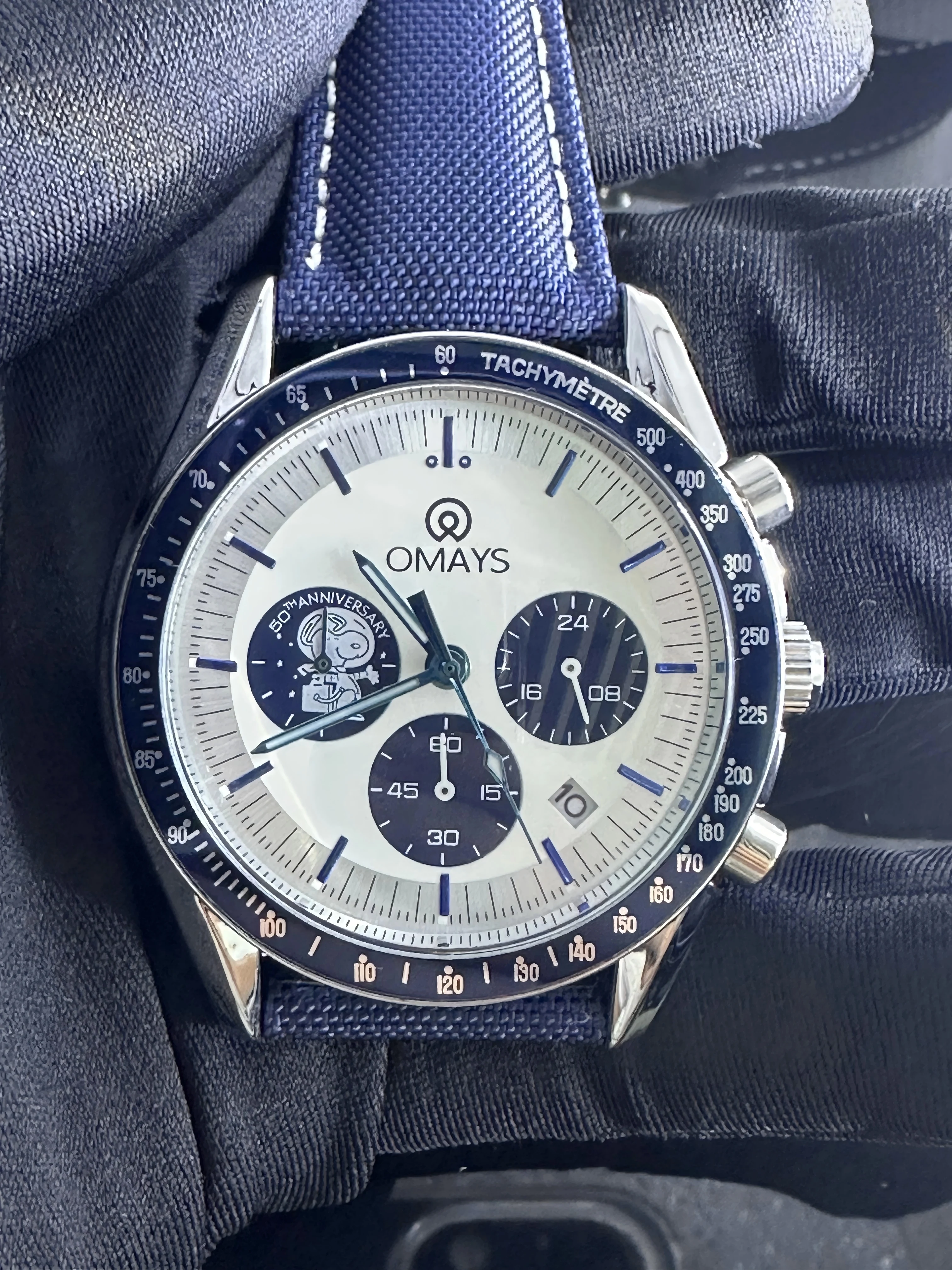 omays1-2pcs-メンズ高級スポーツウォッチ、50周年記念エディション、ブルーナイロンバンド、クロノグラフクォーツ腕時計