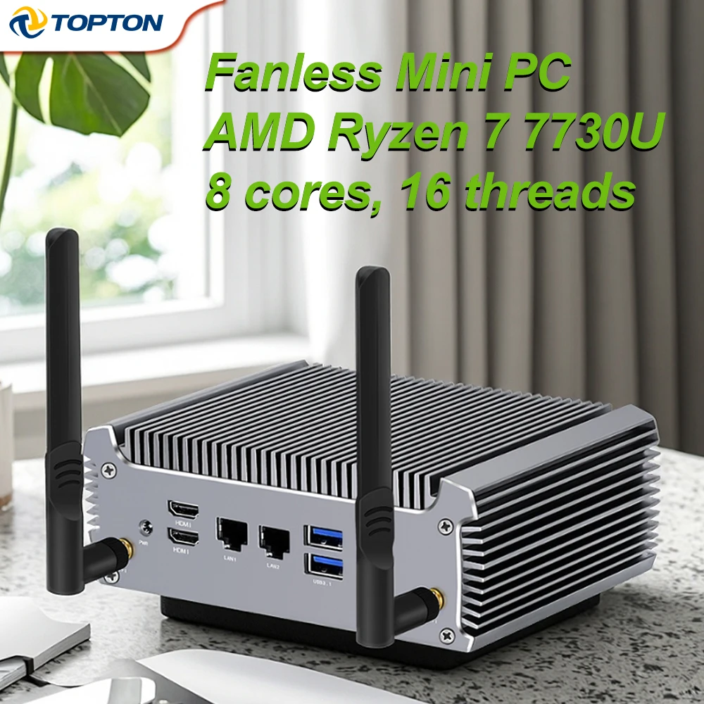 Topton Fanless AMD Mini PC Ryzen 7 7730U 5800U R5 4500U Gamer PC Computer Windows 11 Dual LAN Firewall Server 2 * HDMI2.0 WiFi6