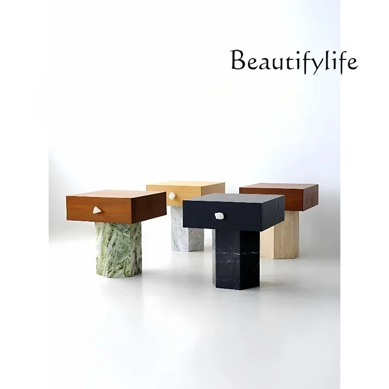 J Y Medieval Style Designer Creative Home Bedroom Marble Solid Wood Drawer Bedside Table Haute Couture Edge