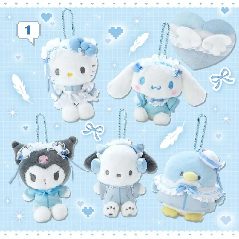 

March New Japan Sanrio Light Blue Feather Kitty Cinnamoroll Pochacco Kuromi Tuxedosam Plush Doll Pendant Anime Toys for Girl