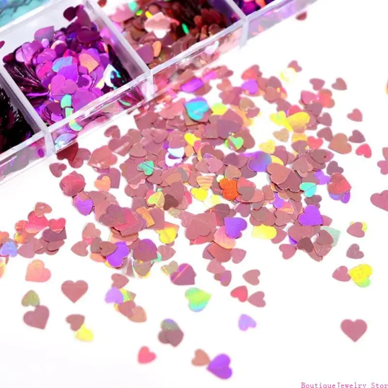 E1PE 12 Grids/Box 5mm 3D Shiny Love Heart Sequins Manicure Paillettes for Epoxy Resin Mold Filling Glitter Flakes