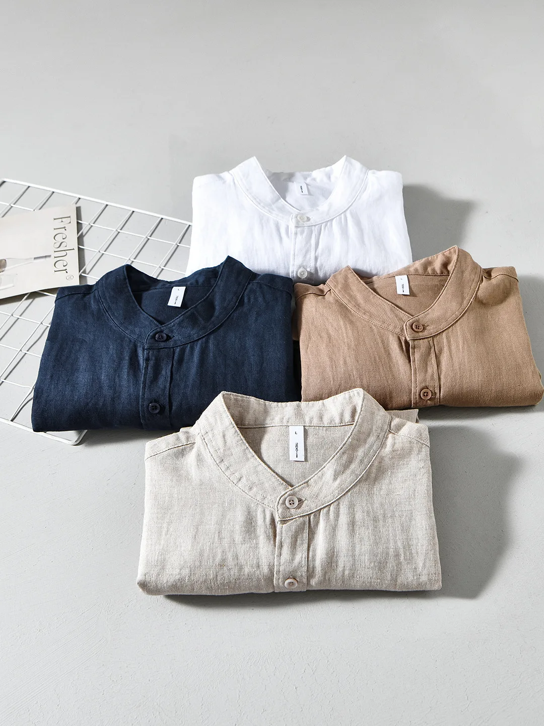 New Chinese Style Pure Linen Simple Breathable Lightweight Stand Collar Men's Shirt Loose Fit Long Sleeve Sport Style