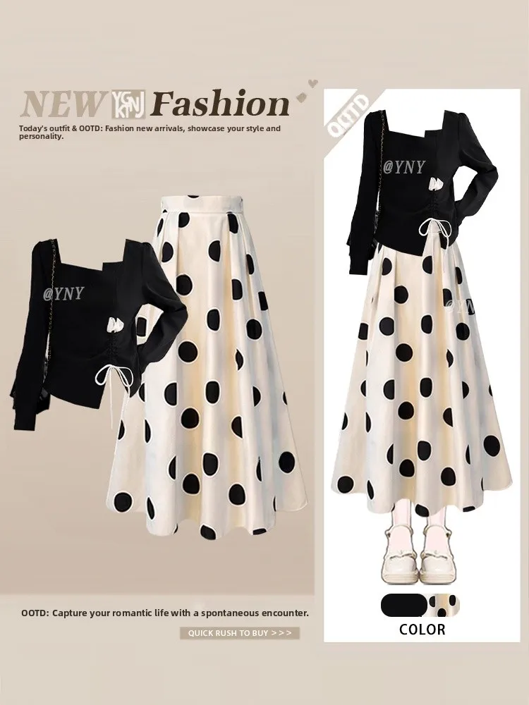 

Fashionable Autumn New Gentle Wind Long Sleeve T-Shirt Women's High-End Feeling Dot Half Skirt Set round Neck Casual Wear