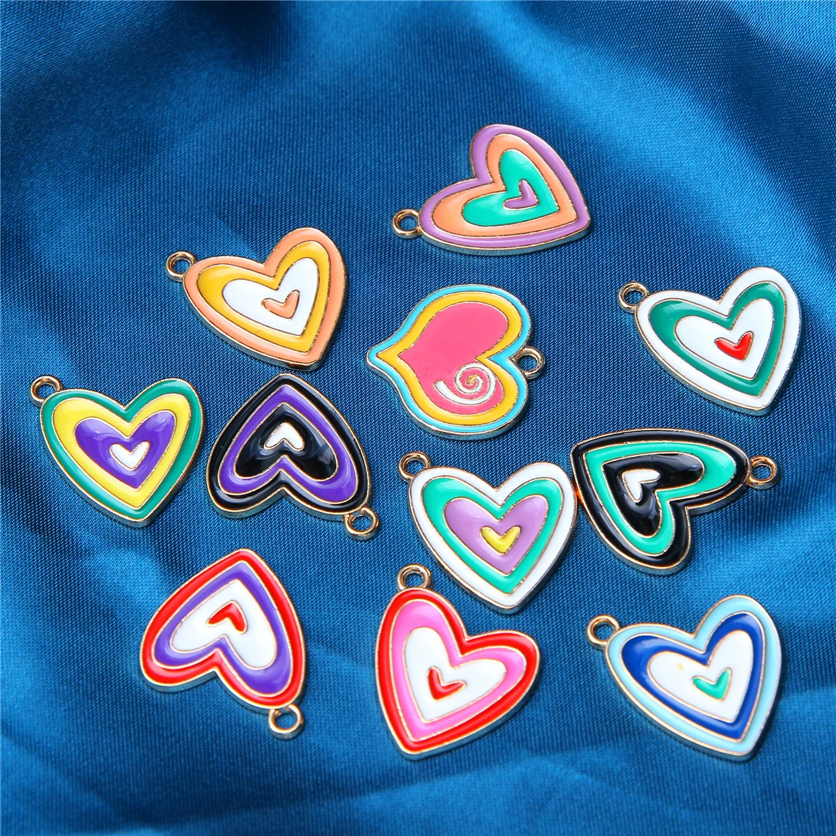 10pcs Rainbow Wave Alloy Heart Shaped Pendant, Enamel Layered Pendant, DIY Necklace and Earrings Jewelry Making in Simple Style