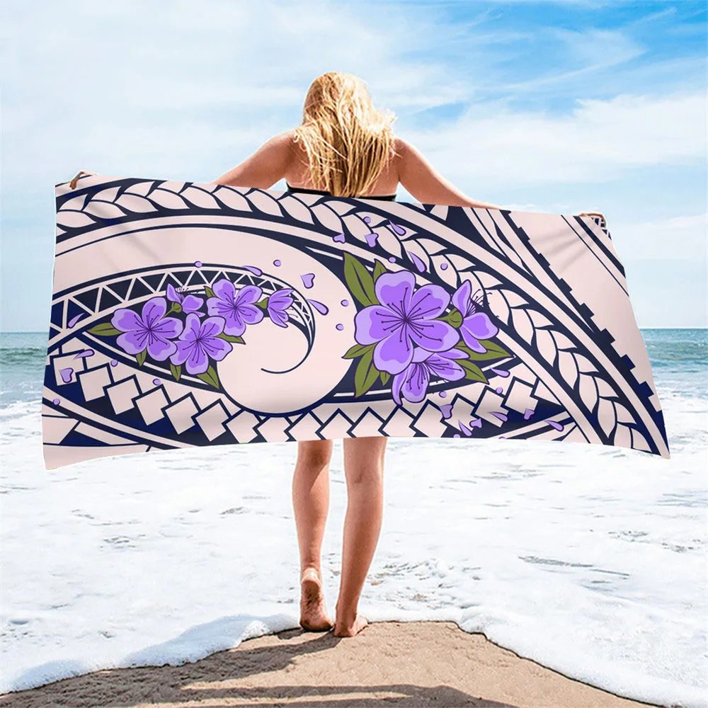 Color Polynesian Tribal Hibiscus Flower Beach Towel Soft Sand Free Quick Dry Lady Men Women Kids Bath Shower Sport Travel Towels