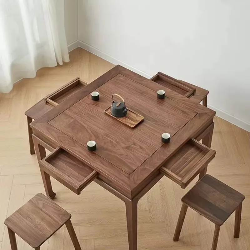 New Chinese Style Solid Black Walnut Square Tea Table Multi-Functional Mahjong & Dining Table for Balcony/Tea Room with Drawers