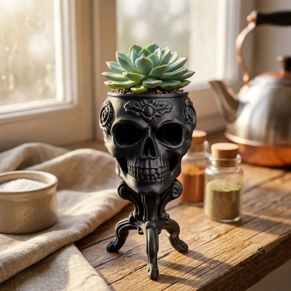 3D Printed Halloween Goblet Skull Planter Gothic Vintage Carved Skull-Shaped Table Vase Spooky Dark Rose Patterns