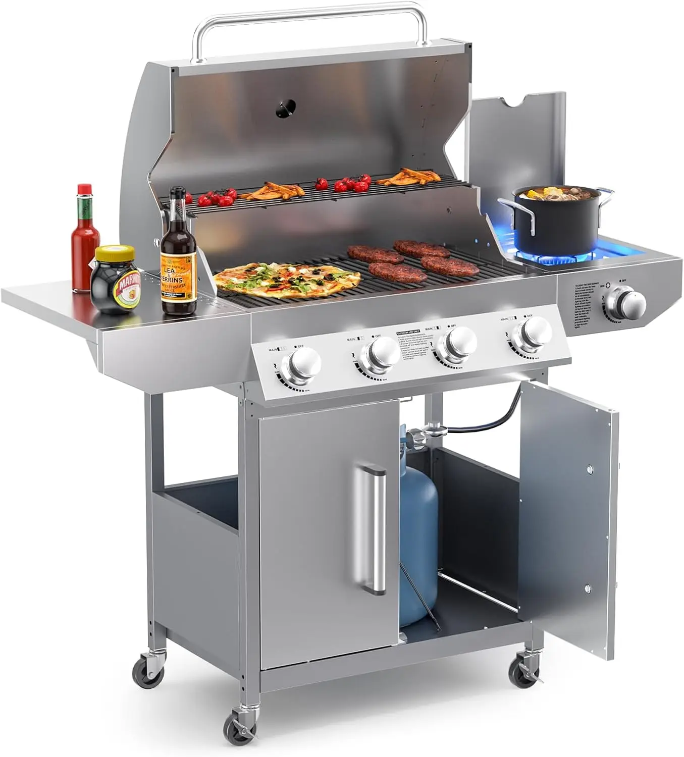 

4-Burner Propane Gas BBQ Grill with Side Burner & Porcelain-Enameled Grilling Grates,Stainless Steel Grill with 544 Sq. In. Gril