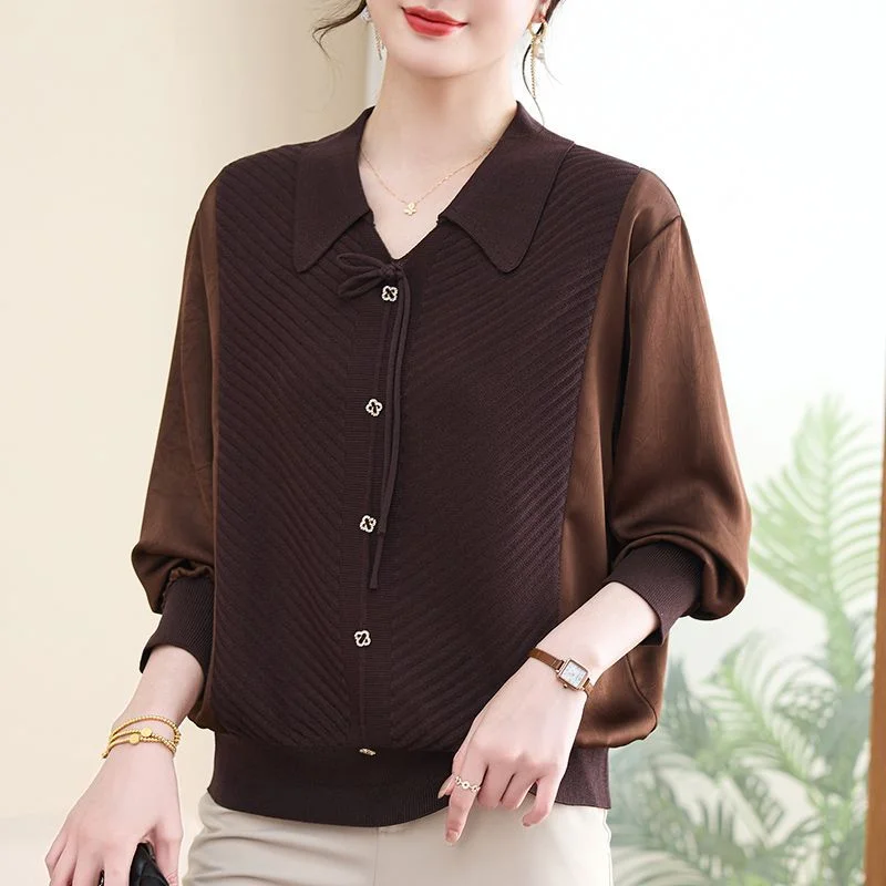 

Fashionable Middle-aged and Elderly Mom Outfit New Spring and Autumn Outfit Lapel Cover Thin All Match Top Base Shirt