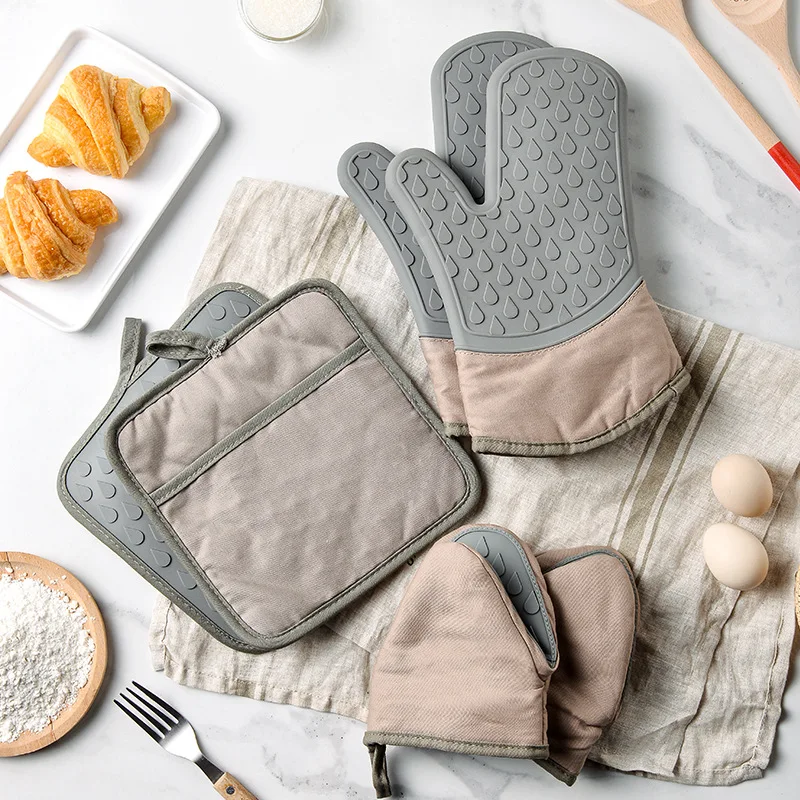 Water Drop Silicone Oven Mitts Set Heat Resistant Kitchen Baking Gloves Cotton Thickened Microwave Safe Heat Insulation Gloves