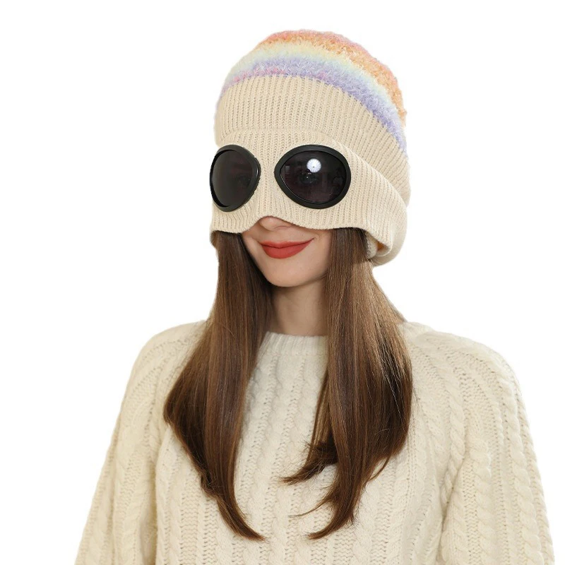 Unisex Fleece Ski Caps Beanie Winter Hat With Goggles Knit Warm Wool Hats Snow Ski Skull Outdoor Cap