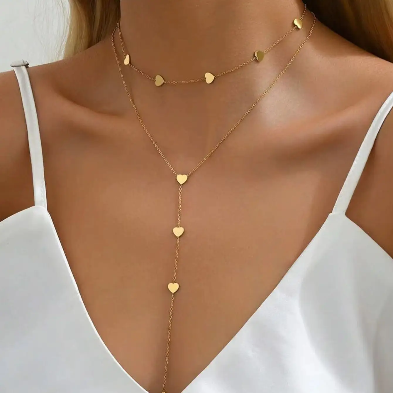 Gold‑Tone Stainless Steel Multi Layered Y‑Necklace Heart Disc Charm Dainty Lariat Chain Fashin Neck Jewelry Gift for Women