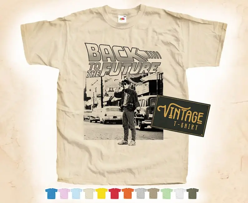 BLACK Print: Back to the Future V4 T shirt Tee Natural VINTAGE Cotton Movie Poster Beige 12 colors All Sizes