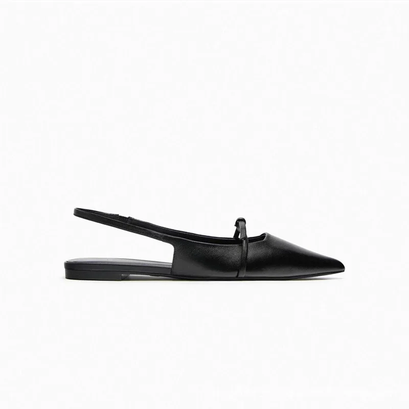 Women's suspender flat sandals 2024 summer new black leather pointed women's ballet shoes fashionable low heel beach shoes