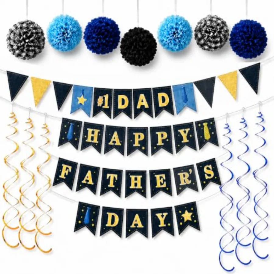 Father's Day Decorations for Home, Happy Father's Day Banner with #1 Dad Banner, 7 Paper Pom Poms, 6 Hanging Swirls, Blue Gold