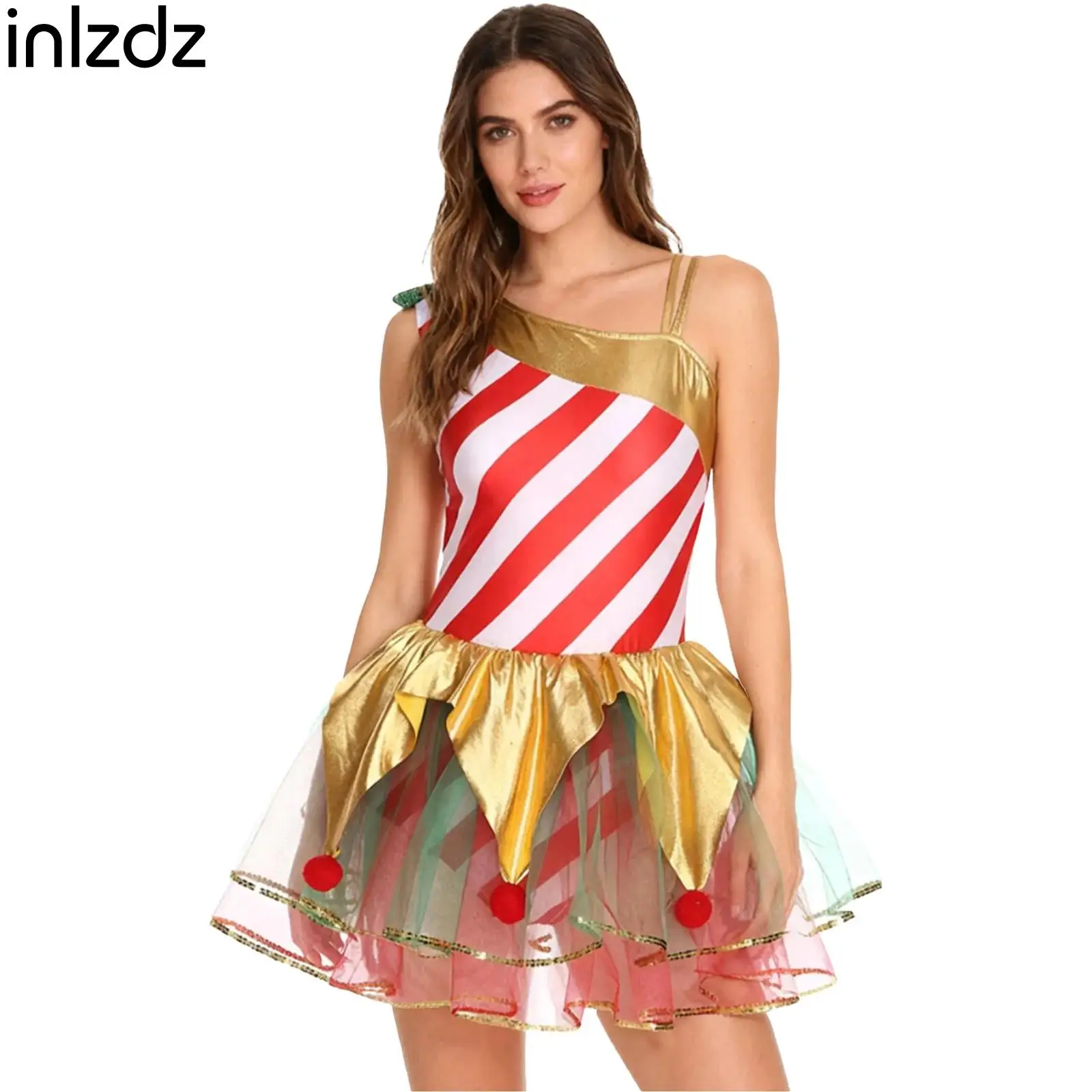 

Womens Christmas Candy Cane Xmas Elf Cosplay Party Costumes Striped Dress Ballet Dance Tutu Dress for Figure Skating Performance