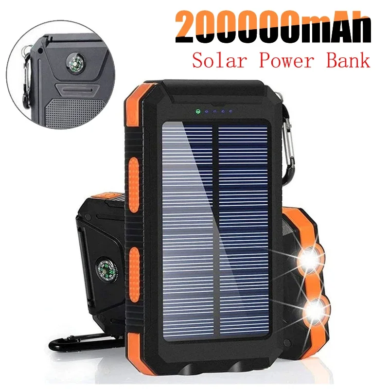 Portátil poderoso banco de energia solar impermeável, grande capacidade, carregamento rápido, bateria externa, Powerbank para telefone Xiaomi, 200000mAh