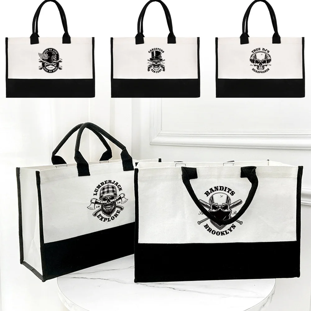 

Women's Shopping Bag Korean Tote Bag Casual Lady Eco Jute Bag Recyclable Large Size Handbag Printing Skull Series