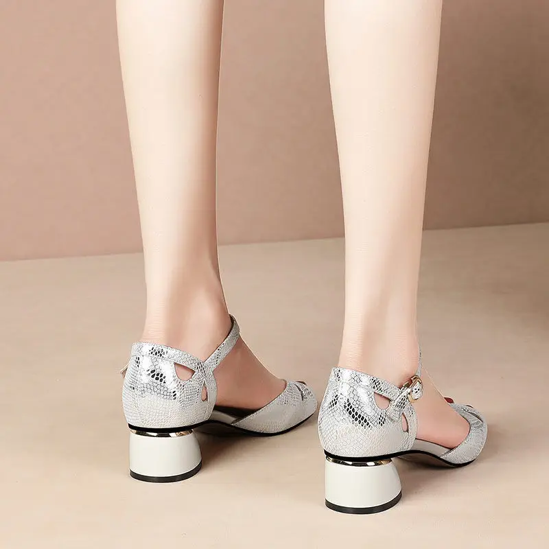 FHANCHU 2022 New Women Peep Toe Sandals,Fashion Sexy Mid Heels Summer Shoes,Ankle Buckle Strap,Hollow Out,Silver,Dropship